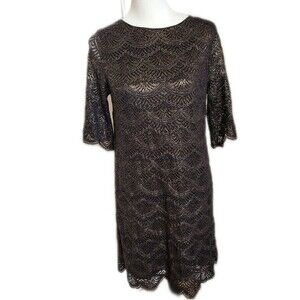 Miami little black dress, 3/4 sleeves, lace overlay w gold metallic thread, M